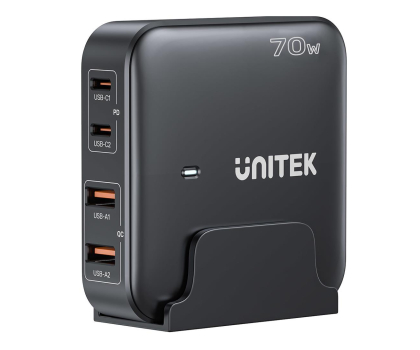 Ładowarka i akumulator UNITEK Ładowarka biurkowa GaN 70W 2x USB-A 2x USB-C P1228ABK
